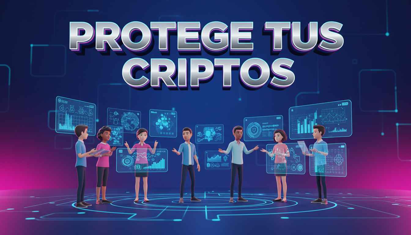 Grupo de personas 3D discutiendo sobre la seguridad de criptomonedas en un entorno digital.