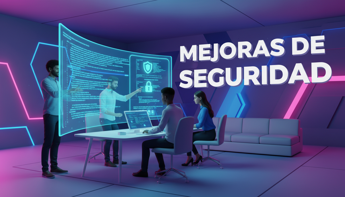 Desarrolladores 3D trabajando en mejoras de seguridad para Polygon sobre fondo azul.