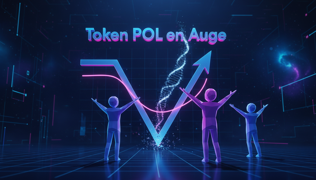 Gráfico 3D mostrando la caída del token POL con personas 3D observando.