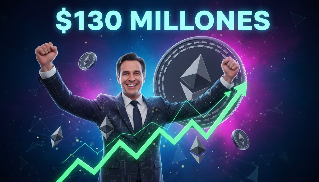 Tom Lee 3D celebrando su inversión en Ethereum sobre fondo azul con gráficos de crecimiento.