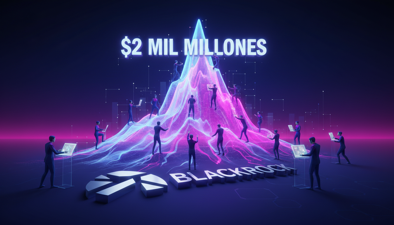 Representación 3D de BlackRock alcanzando $2 mil millones en activos con gráficos de crecimiento.