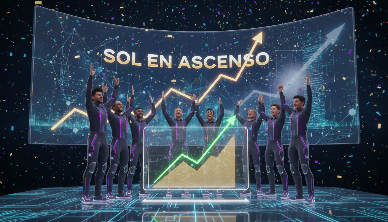 Grupo 3D de validadores de Solana celebrando un voto exitoso en un entorno cripto.