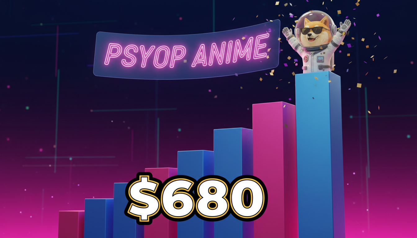 Gráfico ascendente con un personaje de meme celebrando el aumento de PsyopAnime.