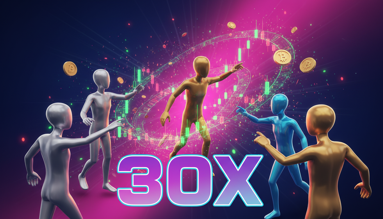 Grupo de personas estilizadas 3D interactuando con gráficos de criptomonedas y celebrando.