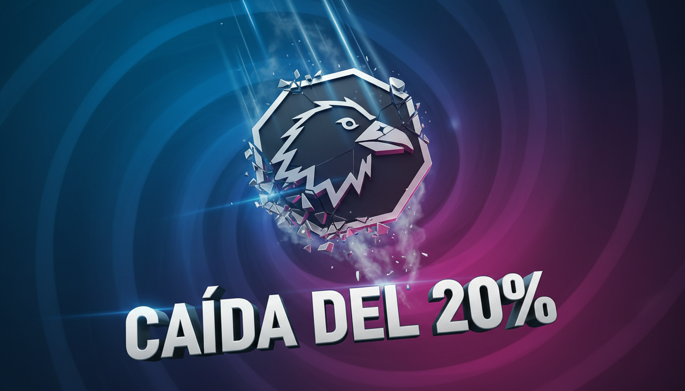 Gráfico 3D de Ravencoin cayendo dramáticamente sobre fondo azul profundo.