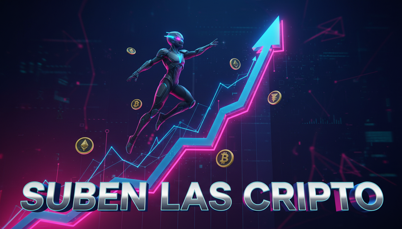 Gráfico de criptomonedas en ascenso con un personaje celebrando el aumento.