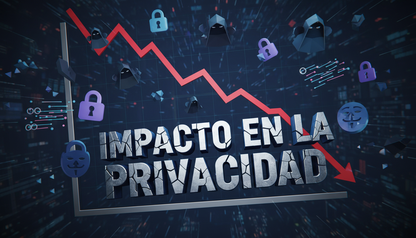 Gráfico de criptomonedas en caída rodeado de símbolos de privacidad y regulación.