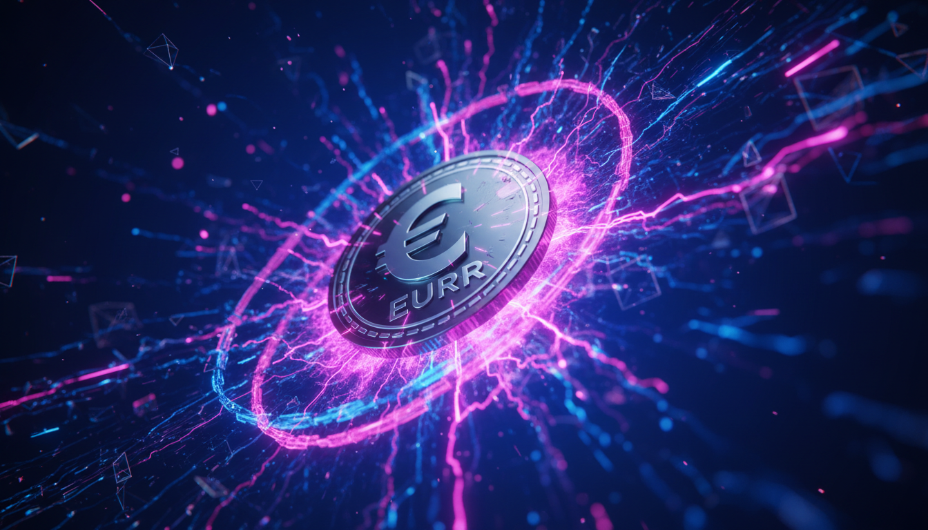 Stablecoin EURR en el centro con fondo azul profundo y fucsia.