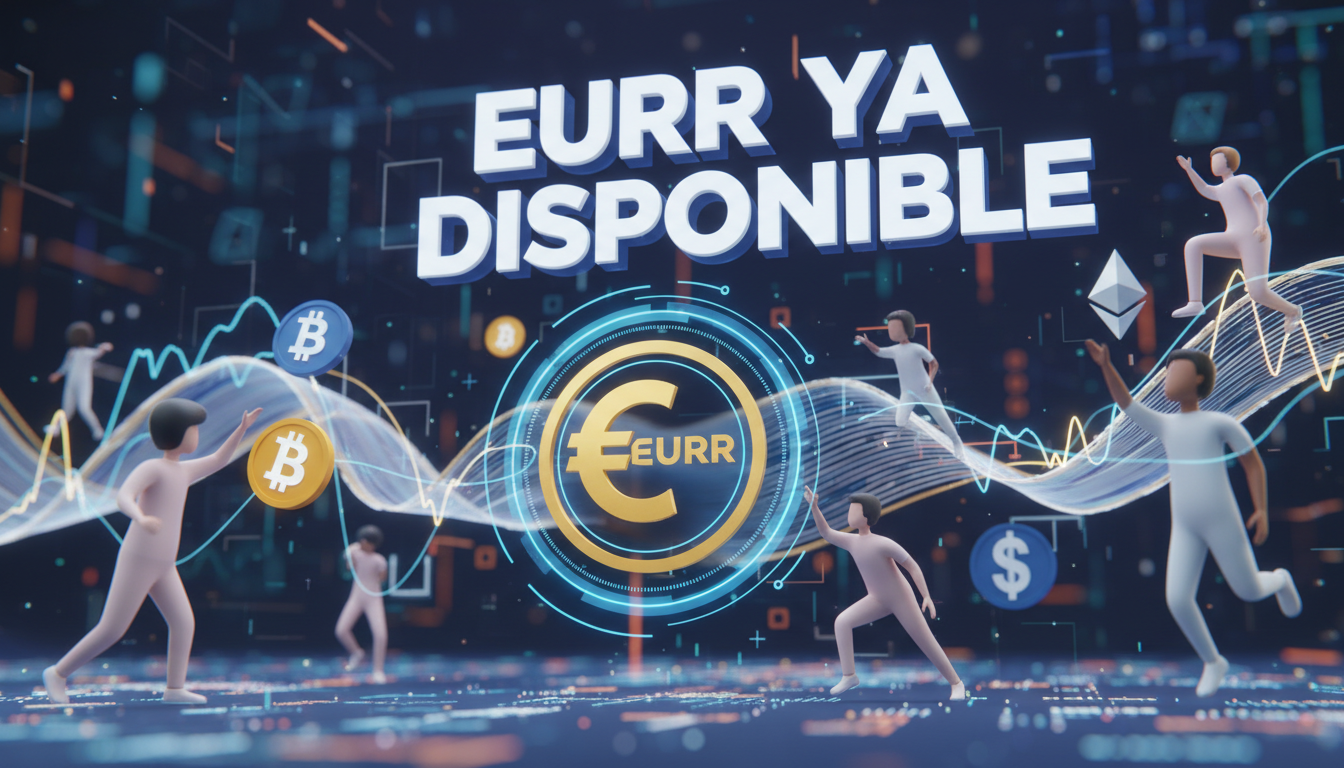 Usuarios estilizados 3D interactuando con gráficos de criptomonedas y EURR.