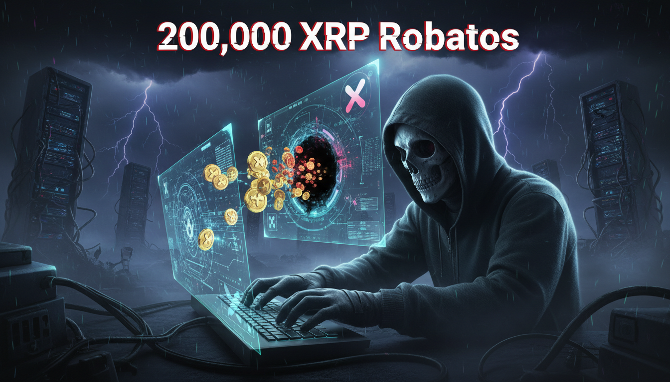 Atacante 3D manipulando un sistema blockchain en un ambiente tenso de XRP.