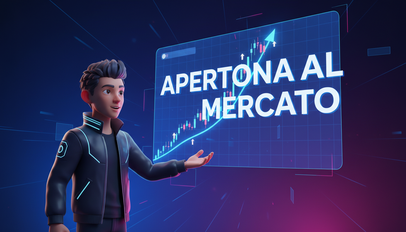 Personaje 3D observando un gráfico de criptomonedas con flechas ascendentes y texto sobre apertura al mercado.