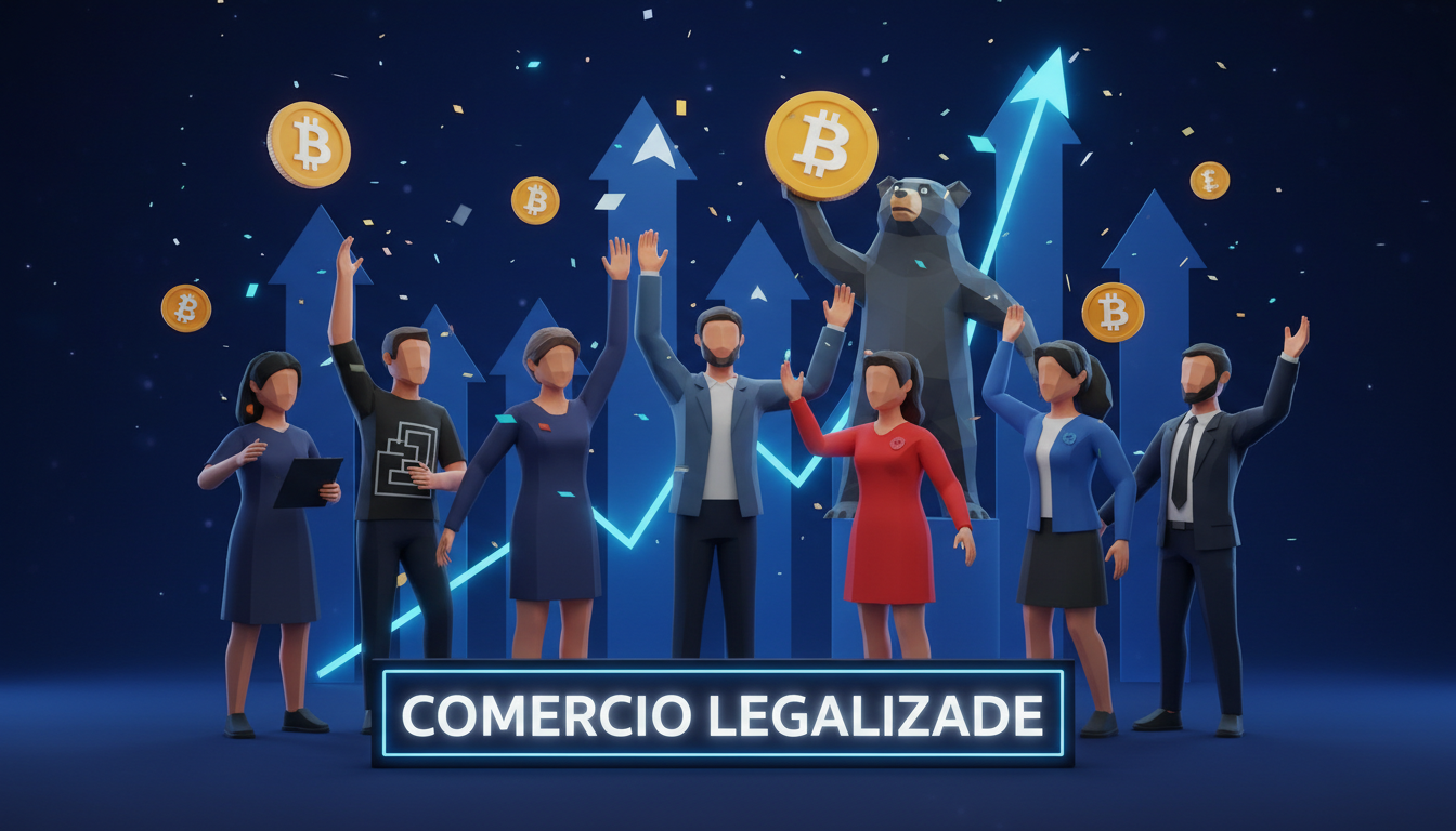 Grupo de personas estilizadas celebrando la legalización del comercio de criptomonedas en Rusia.