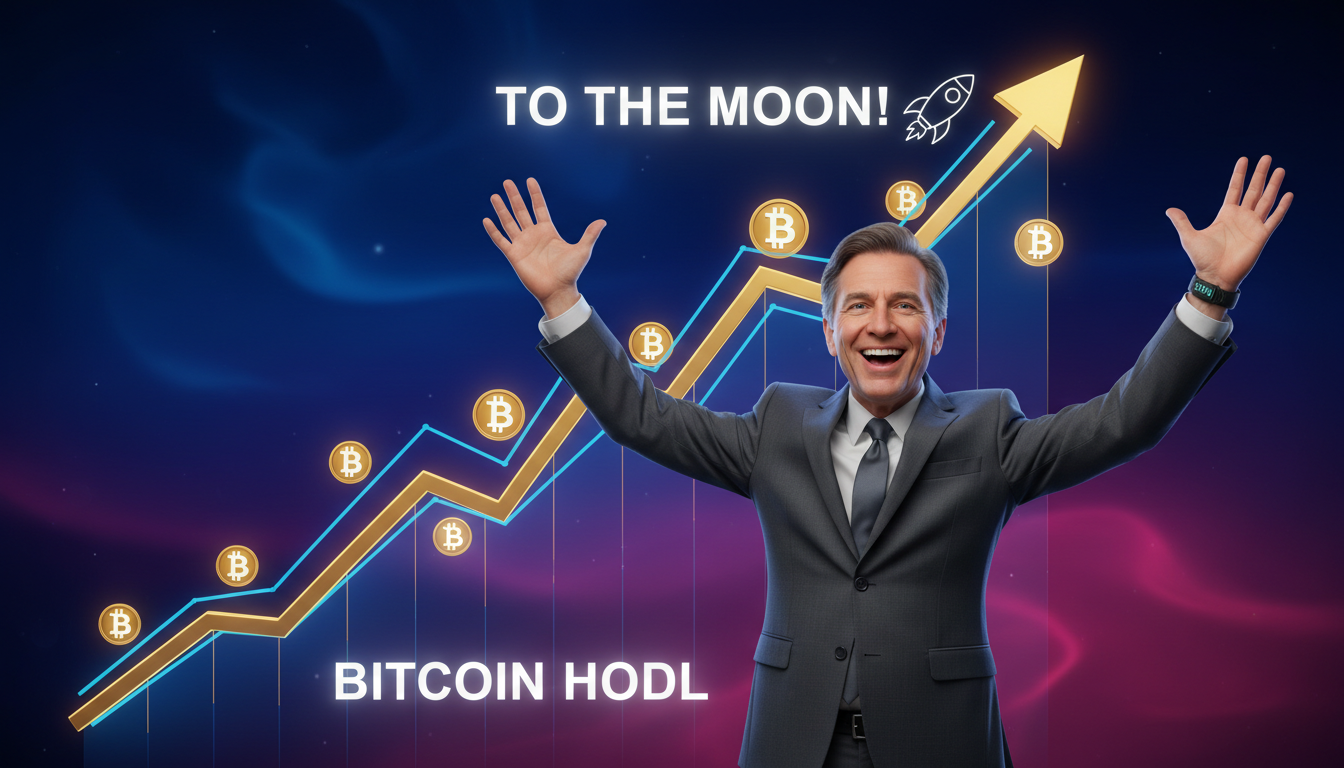 Michael Saylor estilizado celebrando el aumento de Bitcoin en un gráfico 3D.