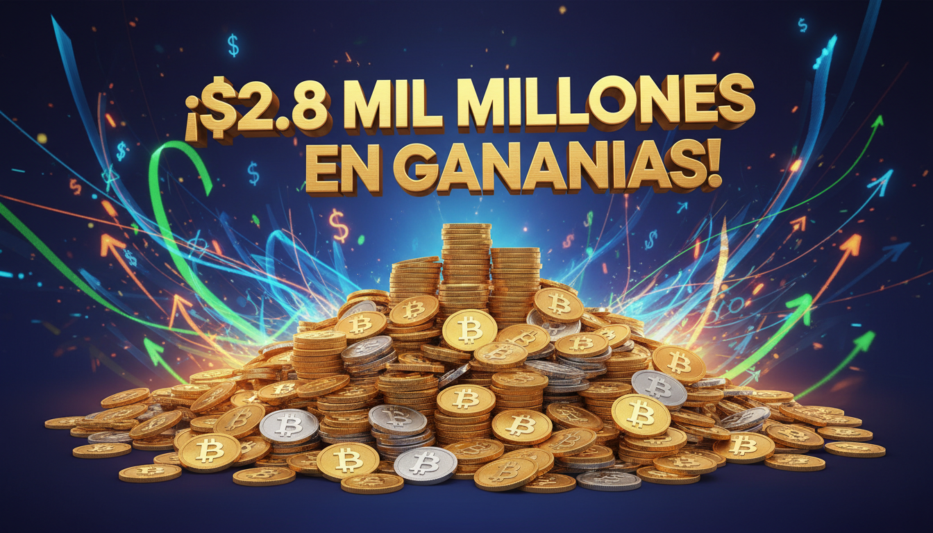 Gran cantidad de Bitcoin con texto gráfico sobre ganancias en un fondo dinámico.