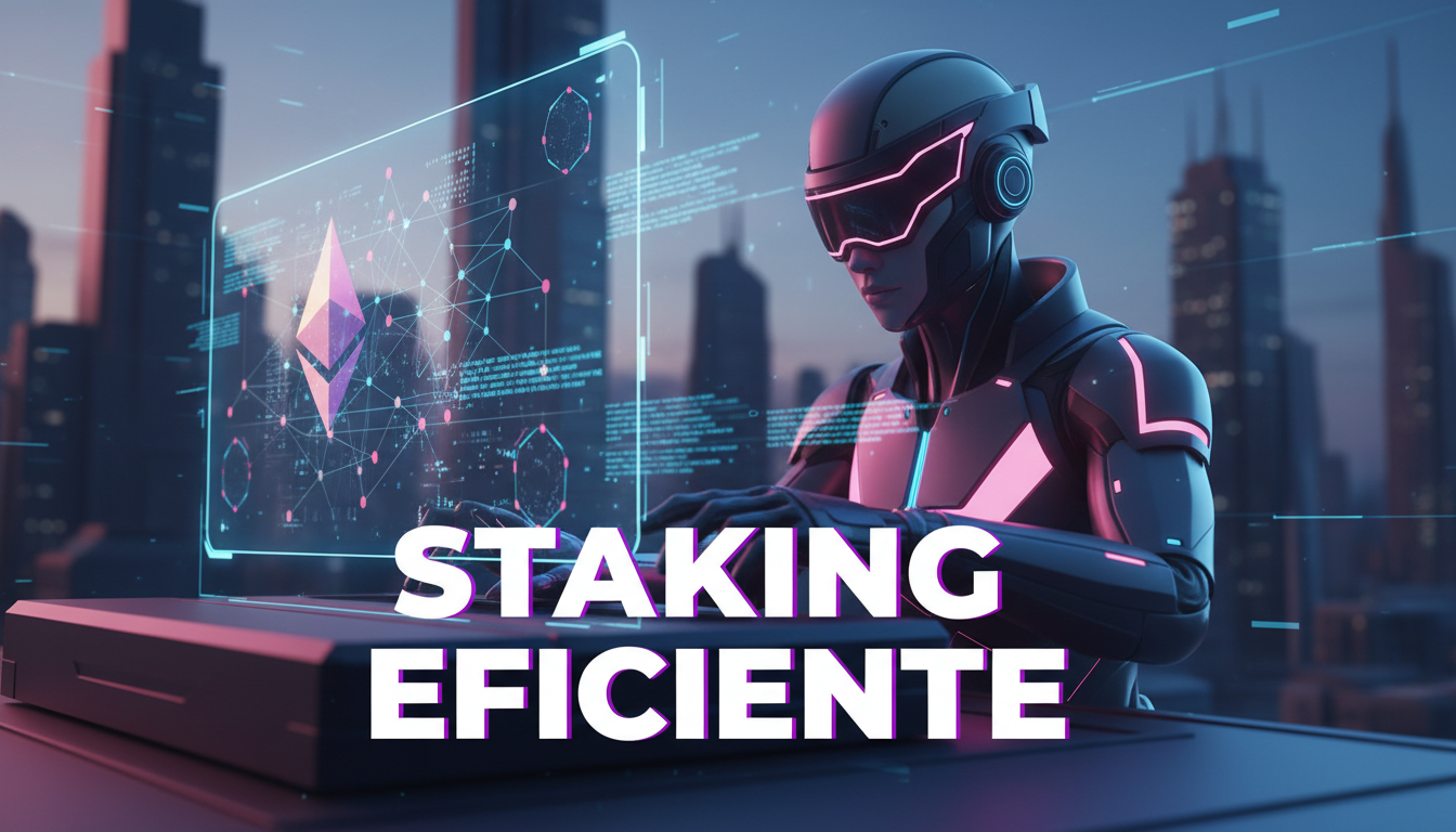 Personaje 3D analizando el staking de Ethereum en un entorno DeFi.