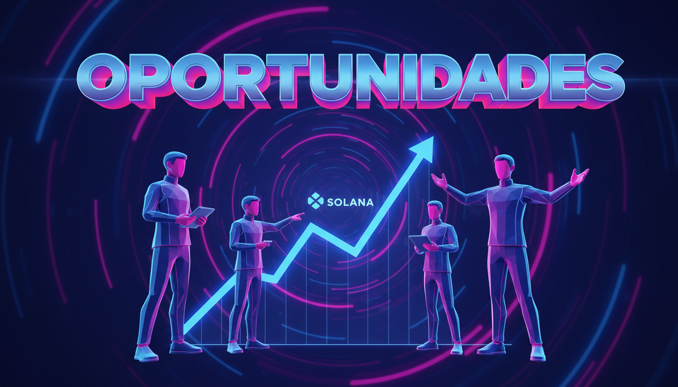 Traders 3D interactuando con un gráfico de Solana, evaluando oportunidades en el mercado.