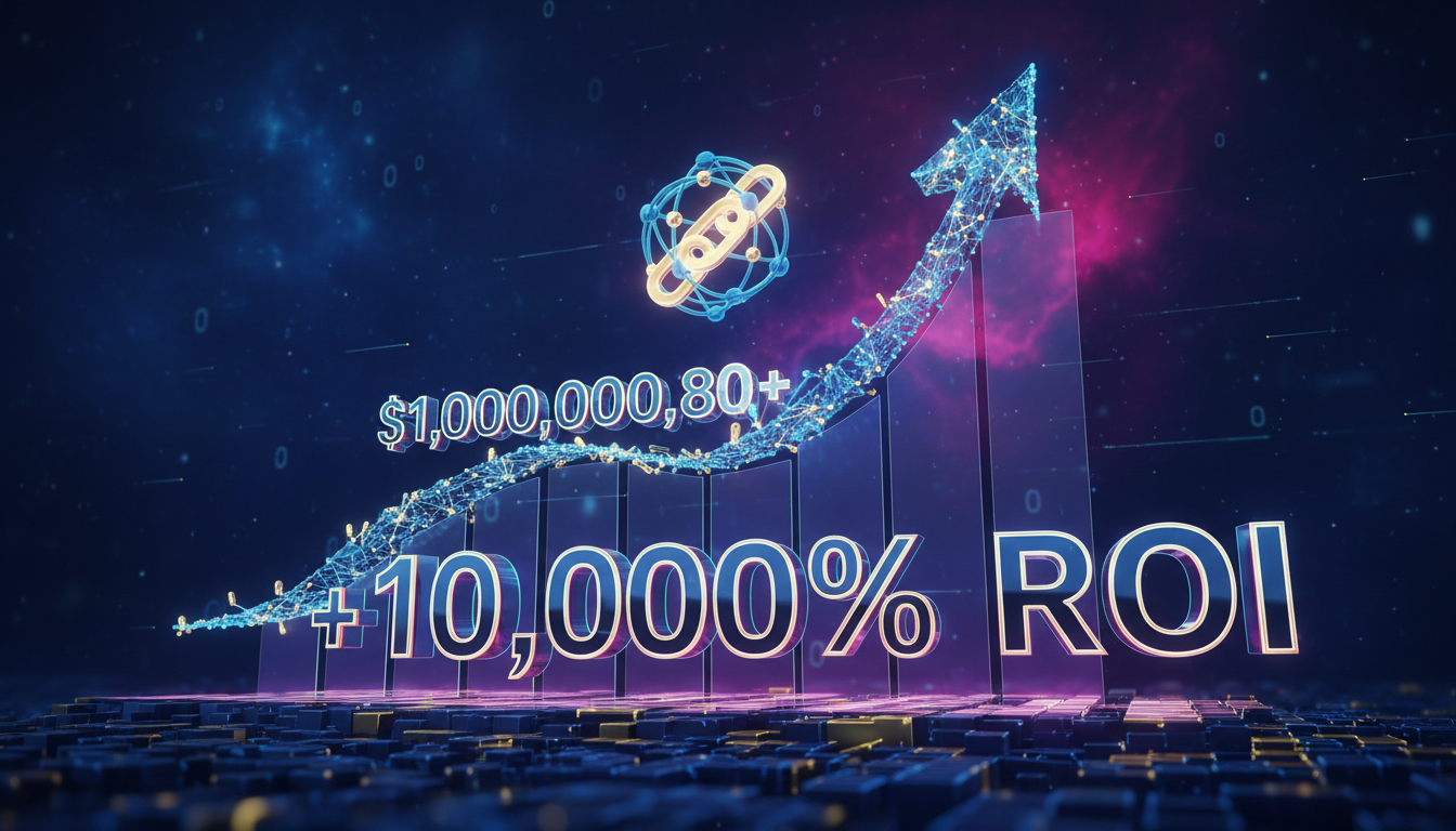 Gráfico 3D de crecimiento de Chainlink sobre fondo azul profundo y fucsia.