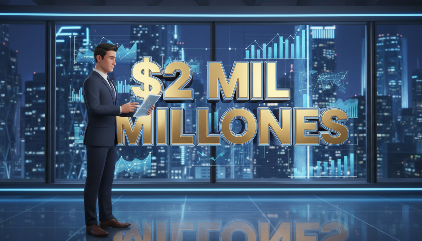 Ejecutivo 3D analizando datos financieros con el texto '$2 mil millones' en español.