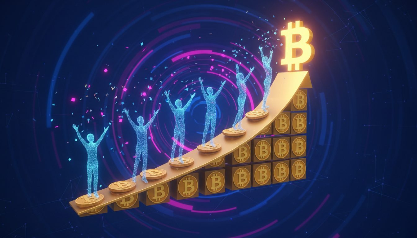 Gráfico de Bitcoin en ascenso con personas 3D celebrando en un entorno financiero.