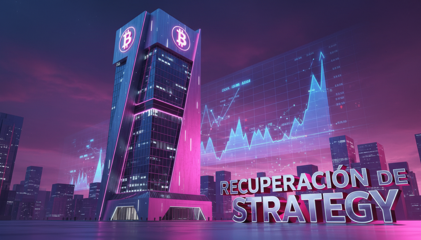 Edificio corporativo con símbolos de Bitcoin y texto sobre la recuperación de Strategy.