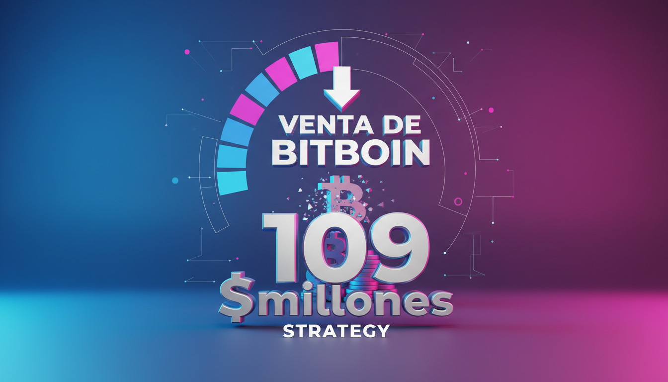 Gráfico 3D que ilustra la venta de Bitcoin por Strategy, con el monto destacado.