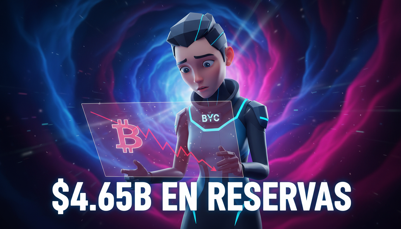 Personaje 3D revisando un gráfico en caída de Bitcoin, resaltando las reservas de Strategy.