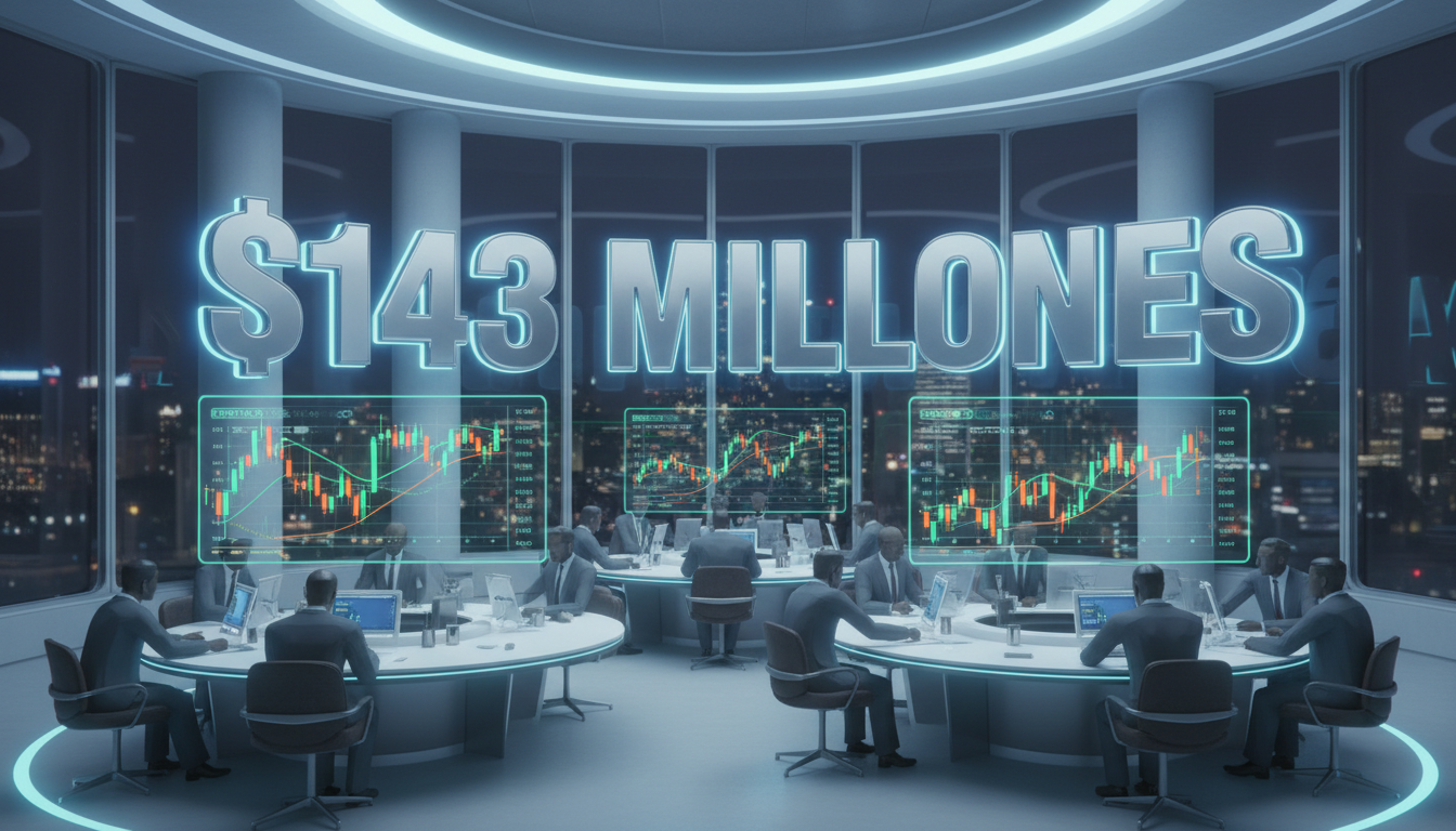 Ejecutivos 3D analizando el crecimiento de Bitcoin en una sala de trading.