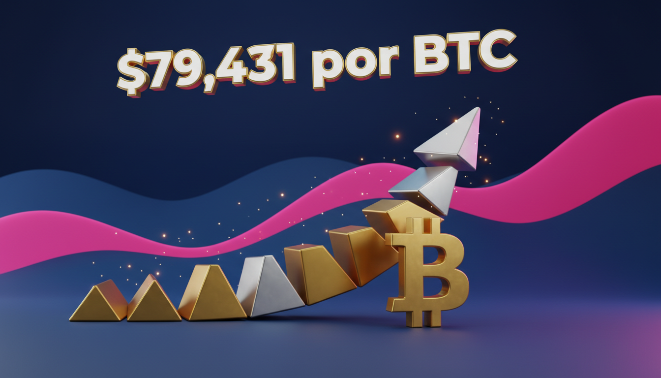 Gráfico 3D de Bitcoin en ascenso con cifras destacadas sobre fondo azul y fucsia.