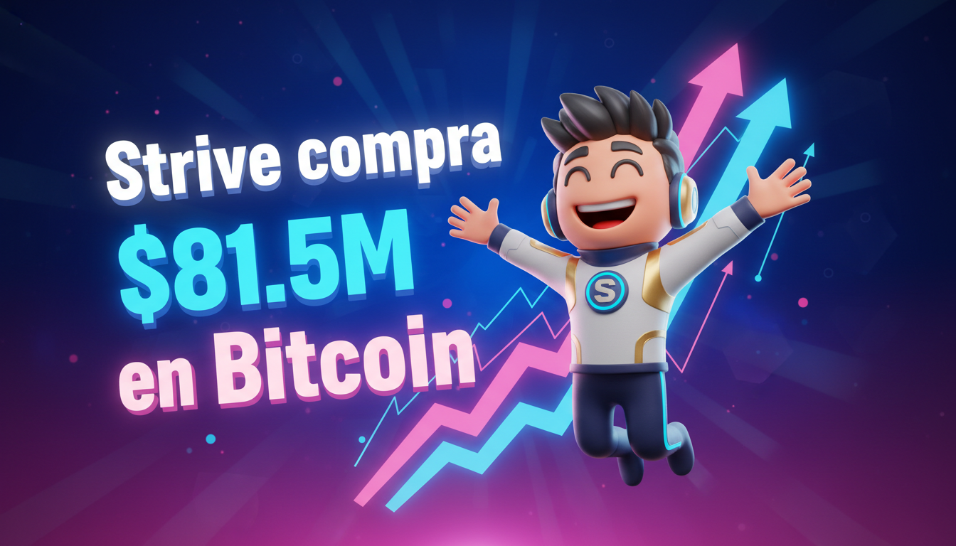 Personaje 3D celebrando la compra de Bitcoin con gráficos positivos.
