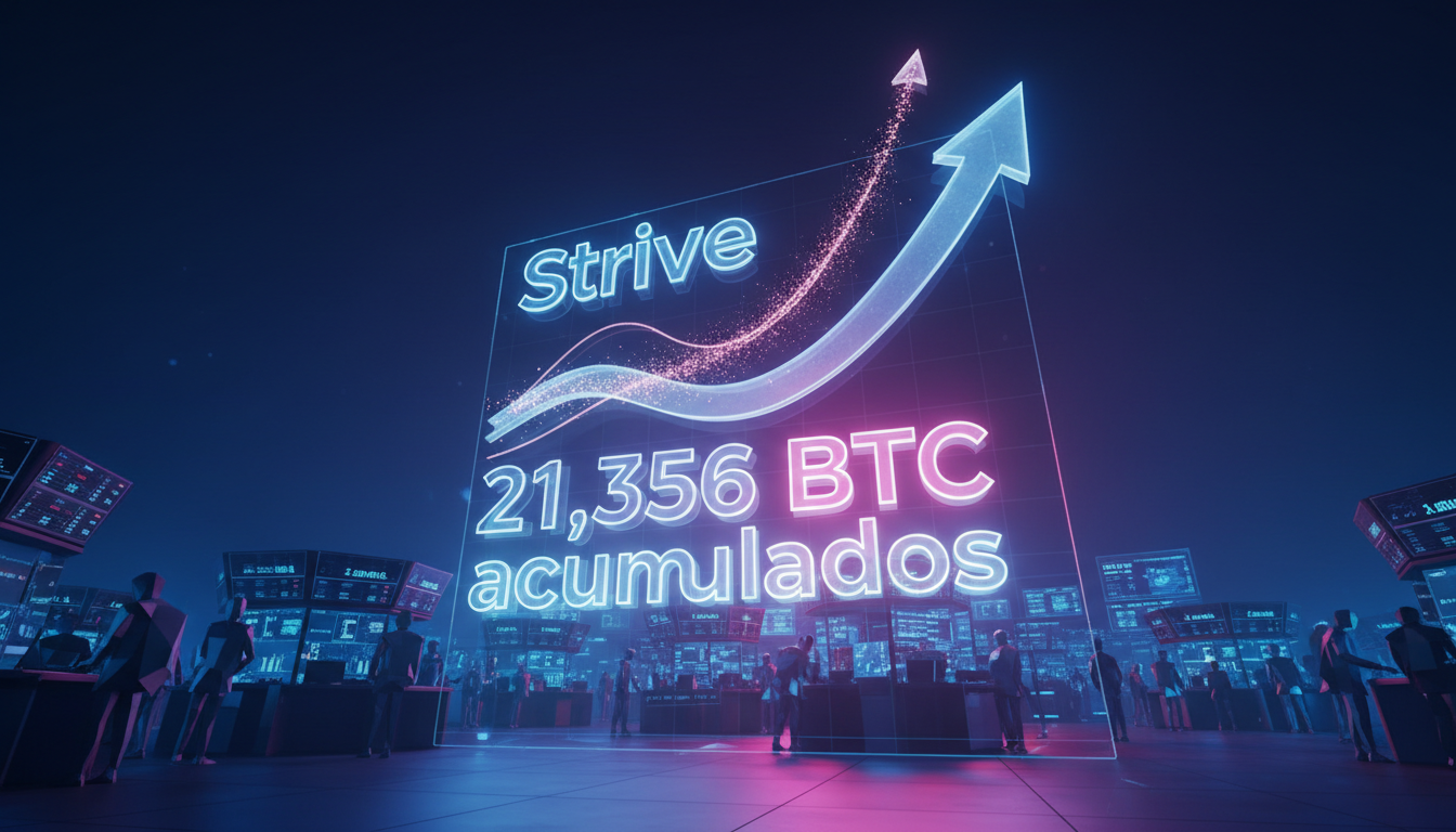 Escena 3D de bolsa de valores con acciones de Strive subiendo y Bitcoin.