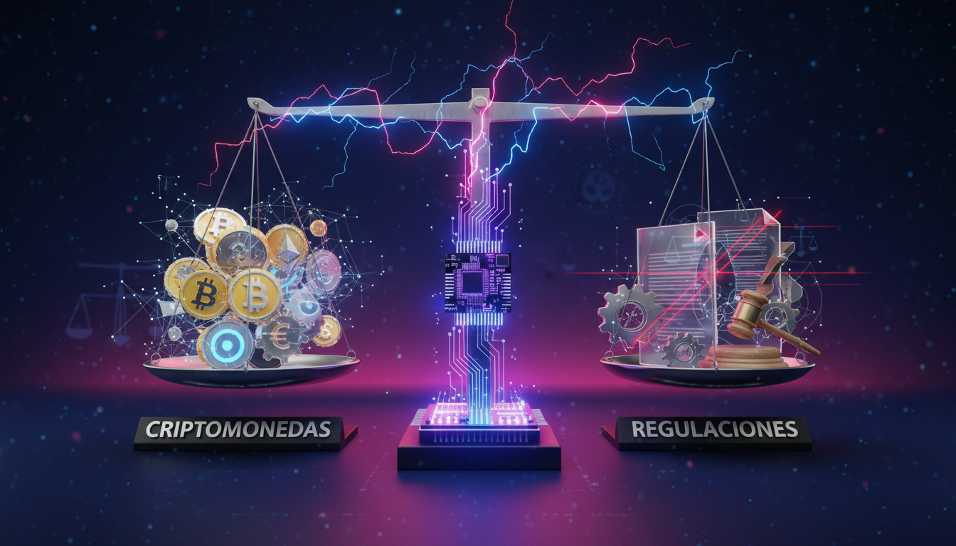 Balanza 3D equilibrando criptomonedas y regulaciones sobre fondo azul profundo.