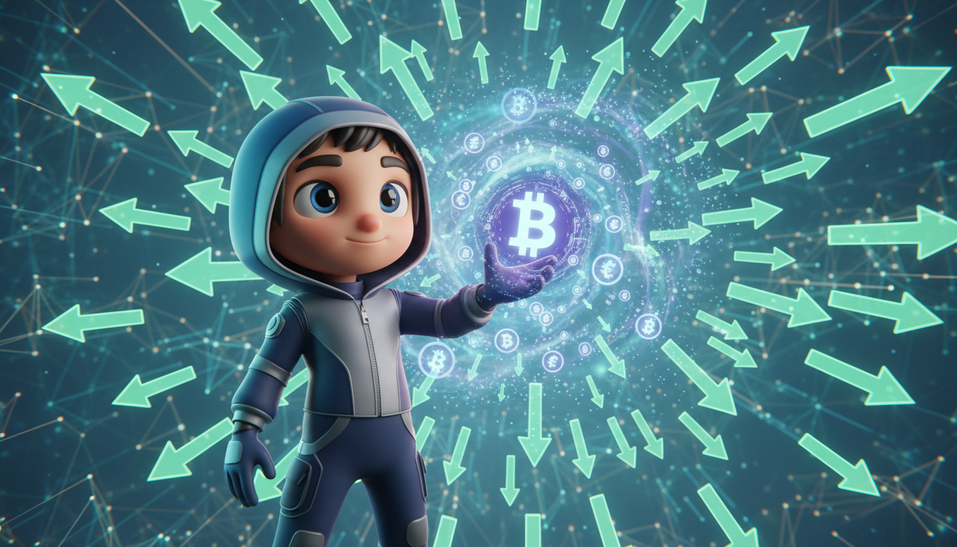 Personaje 3D estilizado con gráficos de criptomonedas y flechas ascendentes verdes.