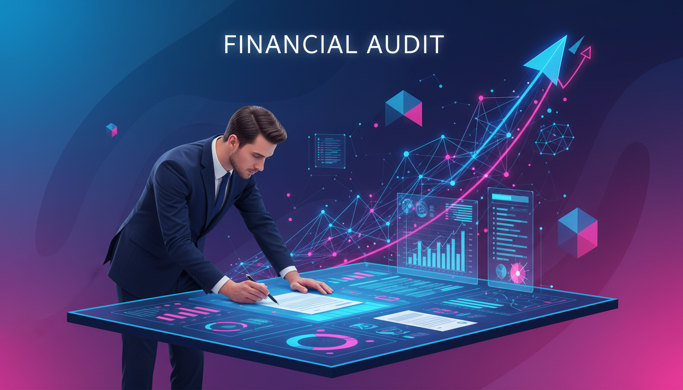 Auditor revisando documentos financieros de Tether con gráficos en fondo azul.