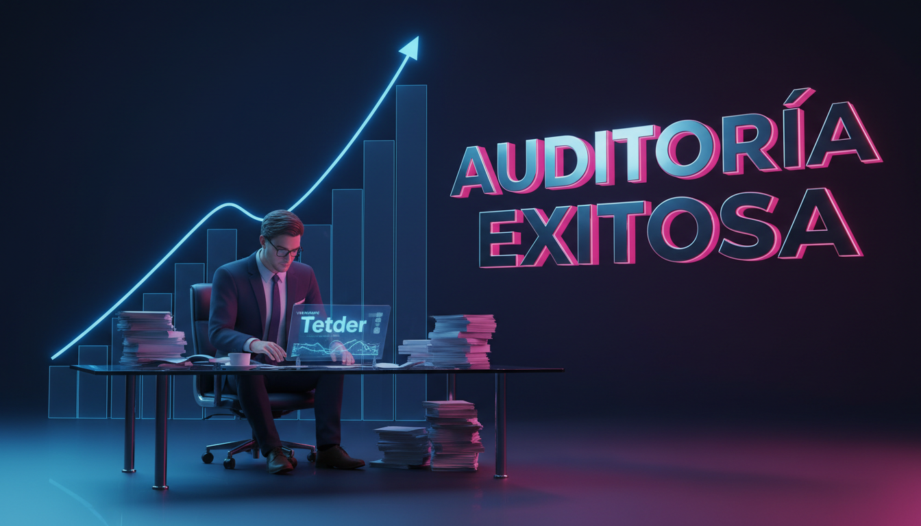 Auditor 3D revisando documentos financieros de Tether en un entorno moderno.