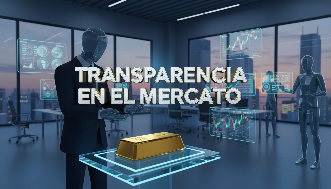 Inspección 3D de barra de oro en oficina moderna, simbolizando transparencia.
