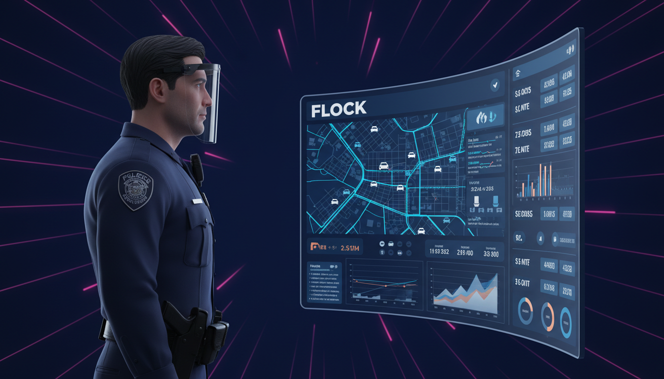 Oficial de policía observando datos de vigilancia de Flock en pantalla iluminada.