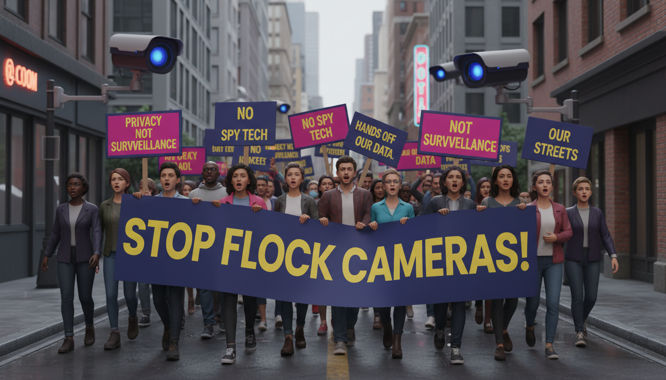 Ciudadanos protestando contra las cámaras de vigilancia Flock en una manifestación.