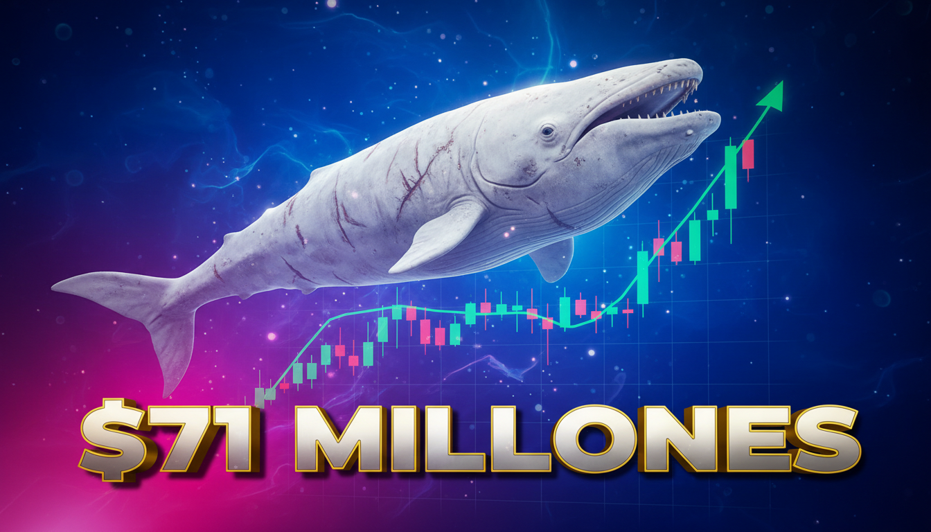 Pez blanco 3D simbolizando The White Whale sobre un gráfico de Bitcoin en azul y fucsia.