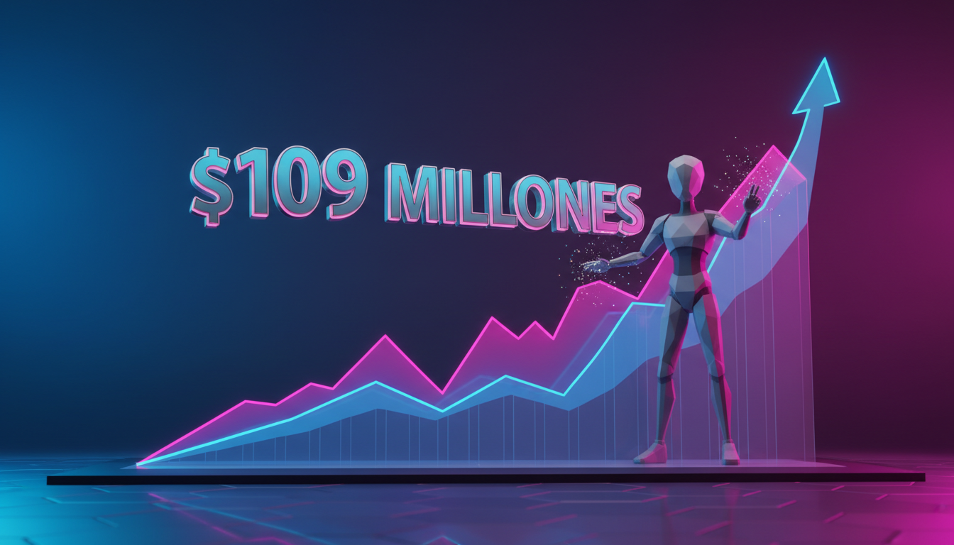 Personaje 3D interactuando con gráficos de criptomonedas en un fondo colorido.