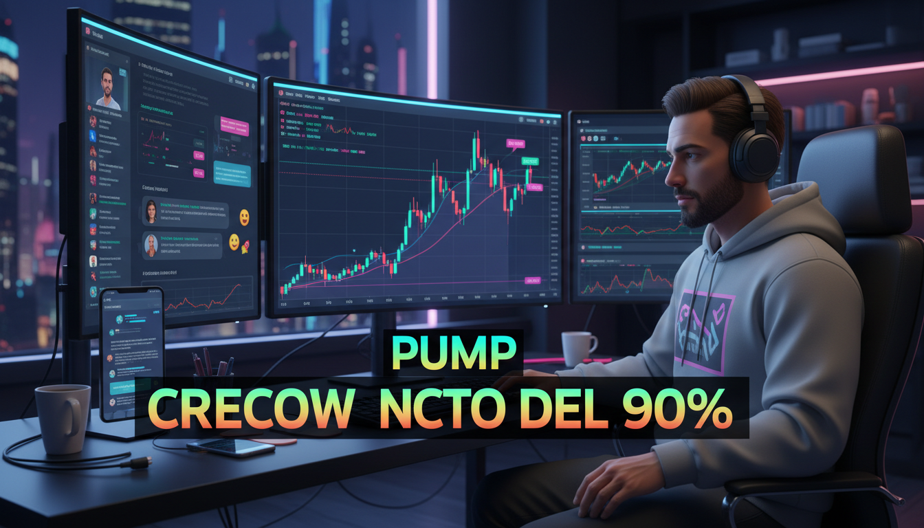 Trader 3D analizando tendencias del token PUMP en un entorno digital.