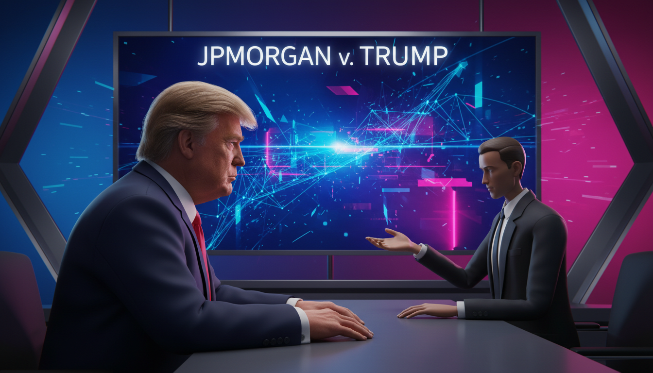 Donald Trump en un juicio contra JPMorgan sobre fondo dramático azul y fucsia.