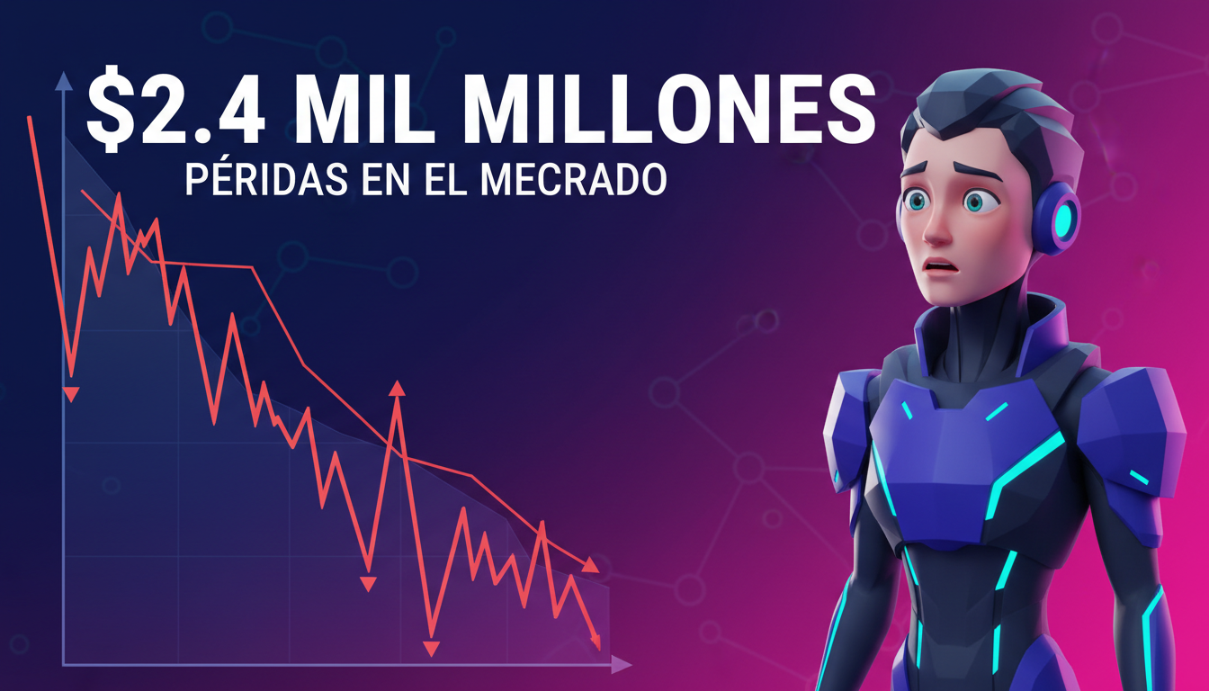Personaje 3D observando un gráfico de criptomonedas con caída significativa.