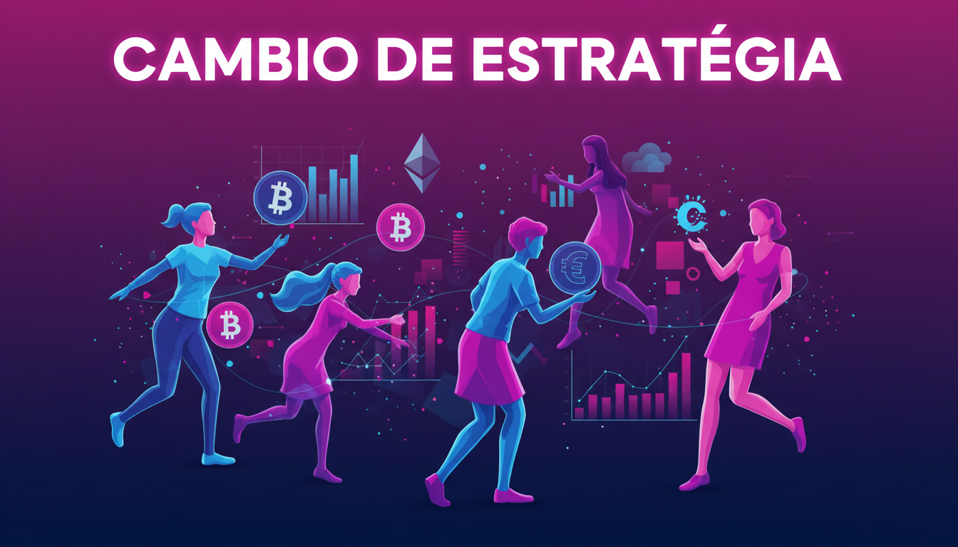 Grupo de personas estilizadas interactuando con símbolos de criptomonedas y gráficos de medios.