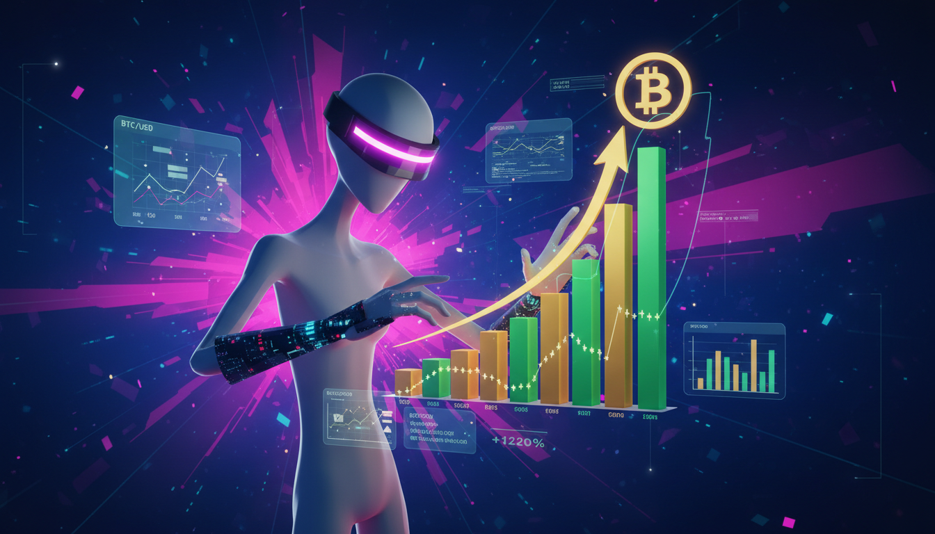 Personaje estilizado analizando un gráfico de crecimiento de Bitcoin en un entorno dramático.