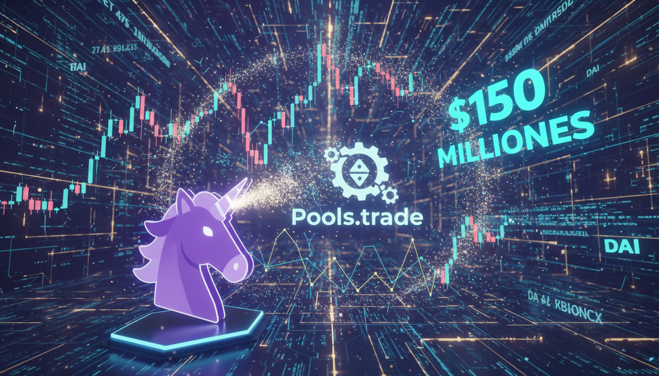 Uniswap lanzando Pools.trade con gráficos de tokens dinámicos sobre fondo azul.