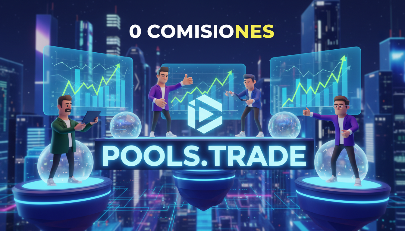 Traders estilizados en 3D usando Pools.trade, con gráficos de crecimiento en un entorno vibrante.