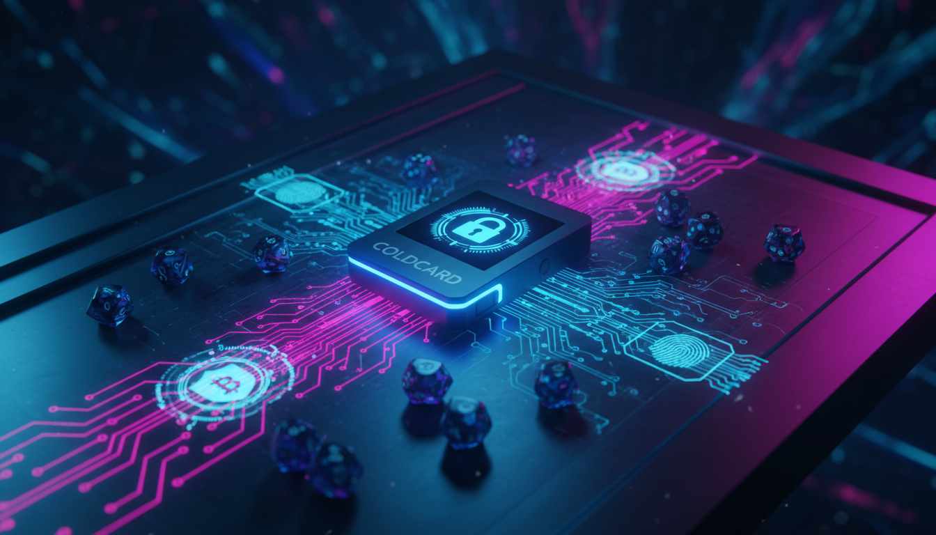Mesa de juego con dados y un dispositivo Coldcard destacando la vulnerabilidad de seguridad.