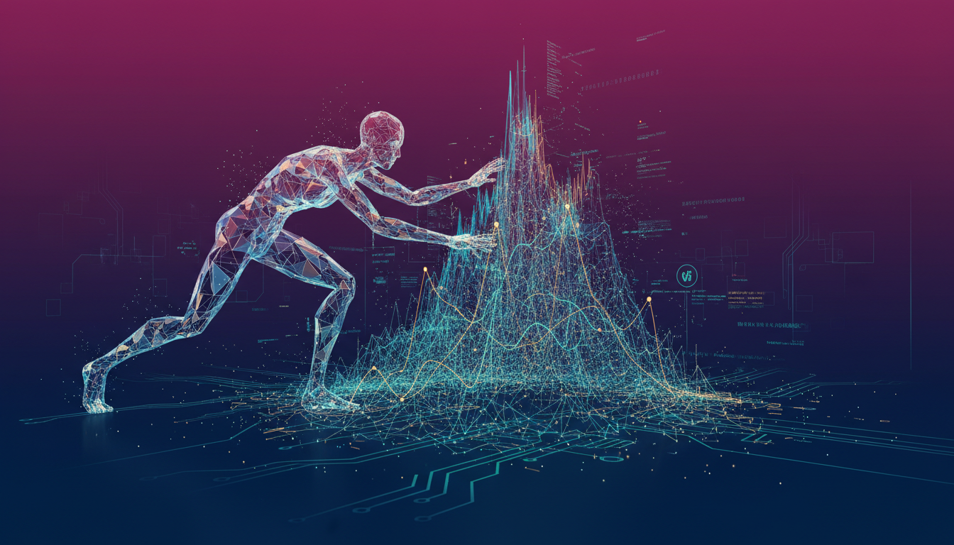 Persona estilizada 3D analizando gráficos de criptomonedas en fondo azul profundo.