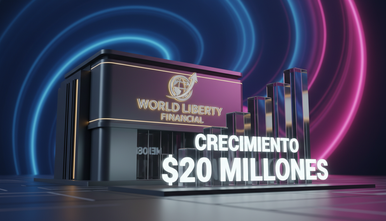 Banco fiduciario 3D de World Liberty Financial con gráfico de crecimiento y cifra $20 millones.