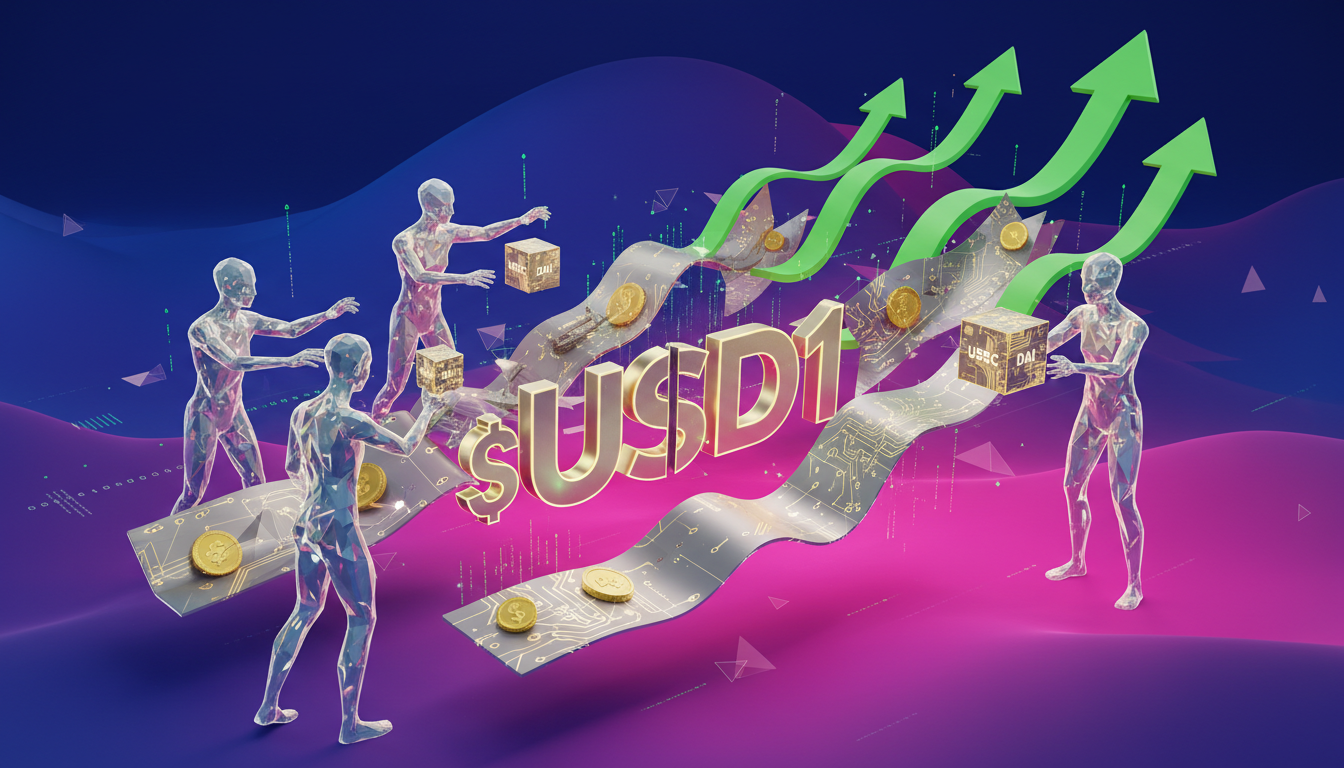Grupo de personas estilizadas 3D interactuando con gráficos de stablecoins y el logo de USD1.